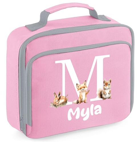 Personalised Lunch Box Bag with Initial and Name for Girls 5 Different Design Styles (Pink Lunch Bag)