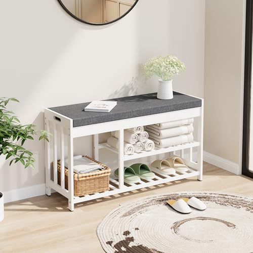 Shoe Rack Bench for Entryway, Bamboo Shoe Storage Bench with Cushion | Flip-Top Cushioned Seat with Hidden Storage | Mixed-Height Wooden Shoe Rack for Boots | Hallway, Bedroom & Front Door