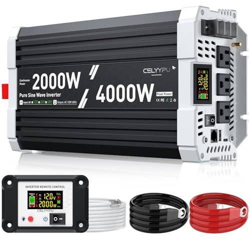2000 watt Pure sine Wave Inverter, 12V DC to 110V AC Power Inverter, Used for Solar Emergency Power Supply in RV Homes, with 3 AC Output sockets, USB Port, Type-C Port, Remote Control with LCD Screen