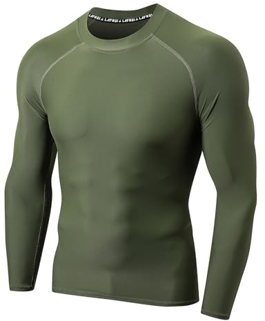 LAFROI Långärmad tröja för män, UPF 50+ kompression, BJJ, simning, rashguard Olive Size XL