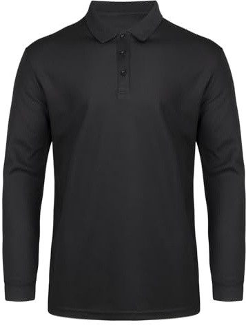 AMZSPORT Polo Uomo Traspirante Maniche Lunghe Maglia Golf Sport Casual con 3 Bottoni per Lavoro e Outdoor,Nero M