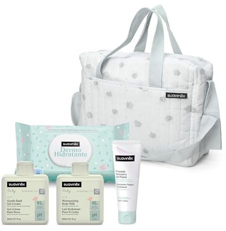 Suavinex, Sac à Langer Bébé avec Cosmétique : Gel Lavant Doux 300 ml + Lait Hydratant 300 ml + Crème de Change 75 ml + Lingettes 60 Unités. Cadeau Naissance Fille et Garçon, Panier Nouveau-Né, Bleu