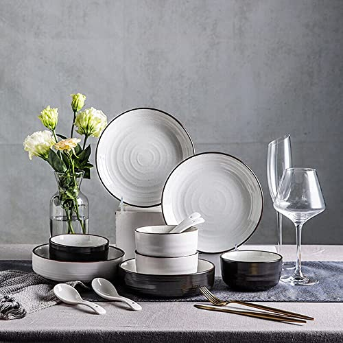 GIQKDZNUO Service de Table en Porcelaine 12 pièces pour 2 à 4 Personnes, Style européen, créatif, Simple, Noir et Blanc, Couleurs mélangées, Assiettes et Bols