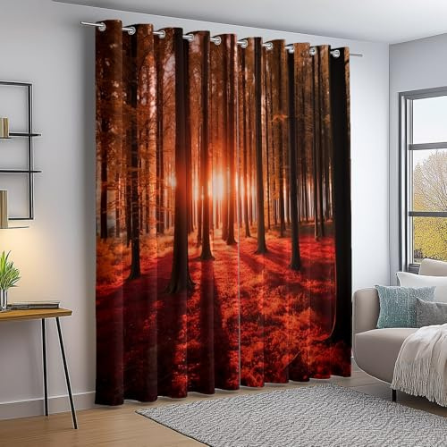 Vorhänge Rot, Verdunkelungsvorhang 2er Set - Vorhang Blickdicht Natürliche Herbstbäume, Thermovorhang für Deko Wohnzimmer Schlafzimmer, Gardinen mit Ösen 260x140cm(HxB)