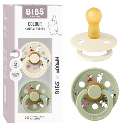 Moomin x BIBS Colour Schnuller, 6-18 Monate, 2er-Pack, Ivory/Sage | Runder Sauger | Naturkautschuklatex | Größe 2 | BPA-frei | Hergestellt in Dänemark | Hohe Akzeptanz | Luftlöcher