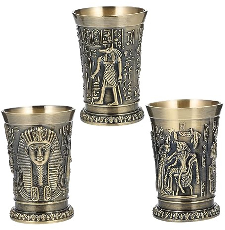 SMASOLO Vasos De Metal Vintage Egipcio Grabados Totem, 3 Piezas, Tamaño Pequeño, Aleación De Zinc, Diseño Resistente y Estable, Para Whisky y Cócteles, Adecuado Para Reuniones y Fiestas, Color Bronce