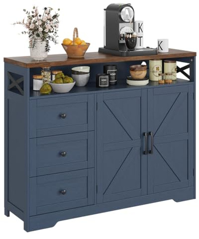 Befrases Farmhouse Buffet Cabinet with Drawers & Open Shelf, Sideboard with Storage, Kitchen Pantry Cabinet Hutch, Coffee Bar Station for Kitchen, Livingroom, 47 L Blue