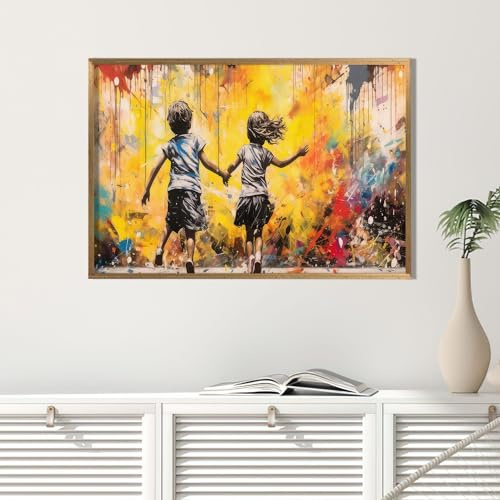 CAOXTART Dipinto a olio su tela con bambini che corrono, quadro astratto, poster di graffiti di Banksy per la cameretta dei bambini, murale decorativo per la casa (70x100 cm/senza cornice)