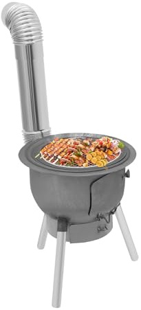 Multifunction Wood Burning Stove With Grill Rack, Camping Wood Stove, Large Charcoal Grill With Grill Rack For Outdoor/Backyard Cooking, Picnic And Barbecue. (Silver- Grey-16.9in+ 3 Wok Rings)