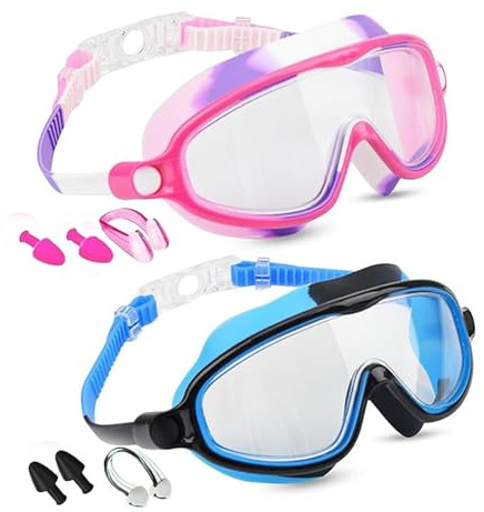 AMISENK 2 occhiali da nuoto per bambini, a prova di perdite, con tappi per le orecchie, clip per naso per ragazzi, ragazze, ragazzi, bambini, occhialini da nuoto con clip per naso inclusa