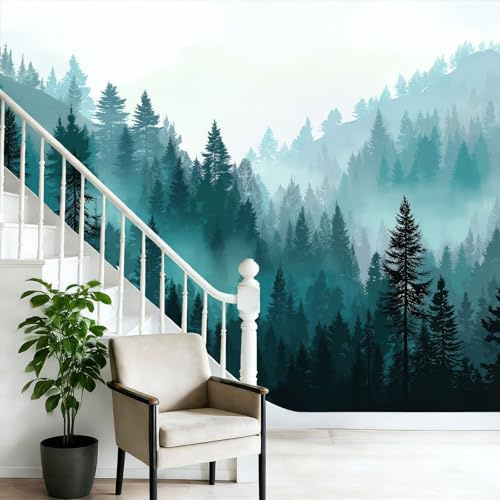 Papel tapiz fotográfico 200 x 140 cm paredes decoración de salón Diseño Paisaje Natural Niebla Bosque De Pinos para dormitorio sala de estar papel tapiz no tejido, Azul
