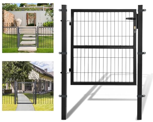Aopunly Puerta de jardín de metal, 100 x 100 cm, de acero galvanizado, tubo cuadrado gris, incluye asa, cerradura y 3 llaves, robusta puerta de valla para valla de jardín