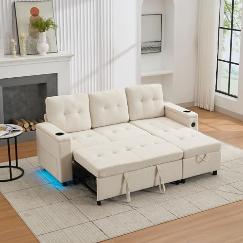 Merax Ecksofa mit Schlaffunktion & Bettkasten, L-Form Polstersofas mit LED, 3-Sitzer Ausziehbares Schlafsofa, Klappsofa mit Ladefunktion & Getränkehaltern, Polstermöbel für Wohnzimmer, Wohnung, Beige