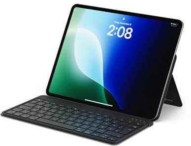 SATECHI OntheGo™ Kompakte Bluetooth Tastatur mit verstellbarem Ständer, verbindet bis zu 3 Geräte, wiederaufladbarer USB-C Akku, ergonomisches Design, Deutsches Layout – Schwarz