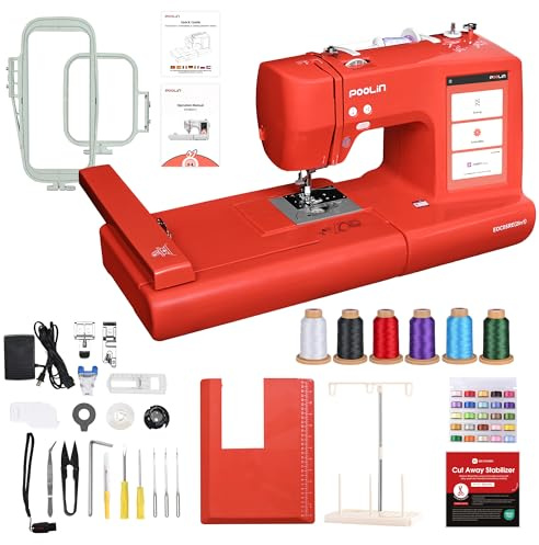 PooLin EOC05 2-in-1 Näh- und Stickmaschine – Rot – Elektronische Stickmaschine – 7 Zoll LCD-Touchscreen, Rahmen 10 × 10 cm und 10 × 23,5 cm, Import von USB/WLAN-Mustern, ideal für Anfänger und