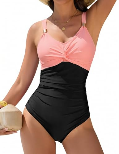 Vijamiy Maillot de Bain Femme 1 Pieces Gainant Ventre Plat Push Up Rembourré Maillots de Bain Amincissant Taille Haute Col en V Swimsuit Monokini Beachwear avec Décorations Métal