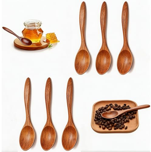 6PCS Honey Spoon, Wooden Honey Spoon, Wooden Teaspoons | Natural Nanmu Small Wooden Spoons for Hot Chocolate, Honey, Coffee, Tea, Sugar,Rice Kids Spoons Kitchen Accessories