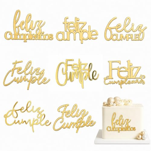 Gemejutor Decoración Feliz Cumpleaños para Tarta 8 Piezas, Apliques de Acrílico Dorado sin Palito con Efecto Espejo, Decoración de Cumpleaños en Español para Superficie de Pastel, Mesa Dulce y Fiesta