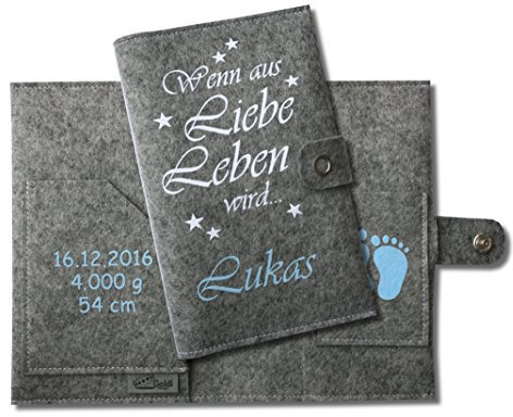mutterkindpasshülle österreich Deluxe „Wenn aus Liebe Leben wird...“ personalisiert mit Namen und Geburtsdaten - mit extra Fächer und Lasche mit Druckknopf zum Verschließen - Blau Grau