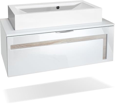 Vladon Mueble de baño Aloha V2, Carcasa en Blanco Mate/frentes en Blanco Alto Brillo con compensaciones en Roble aserrado, con Lavabo sobre encimera
