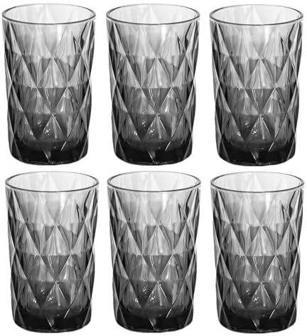 Vintage 6er-Set Farbige Weingläser und Trinkgläser mit Diamant Muster (Rombus) Longdrinkgläser, Cocktail Gläser mit Prägung, Glas, Trinkglas, Weinglas, Wasserglas, Glaskelche (Grau Trinkglas)