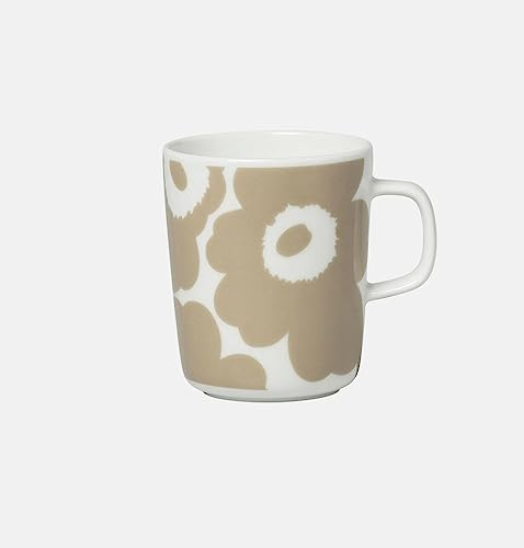 Marimekko - Becher, Kaffeebecher, Henkelbecher- Oiva-Unikko - Weiß-Beige - Steingut - Höhe 9,5 cm