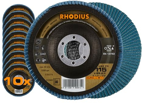 RHODIUS LSZ F3 Fächerschleifscheibe, 115 mm, K80, 10 Stück, für Edelstahl | Made in Germany, INOX & Stahl, Zirkonkorund, gute Zerspanungsleistung, gute Standzeit, für Winkelschleifer, vibrationsarm
