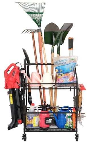 Mythinglogic Garden Tool Organizer for Garage, Yard Tool Rack with Wheels, Garage Organizers and Storage Holder for Yard Tools (Deluxe Tower)