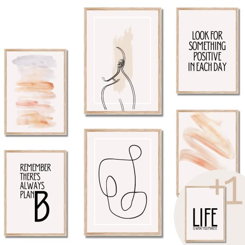 BLATT PAPIER® 6er Positivity Poster Set (2x A3, 4x A4) - Bilder mit Sprüchen, Bilder Set - Poster Set beige - Wanddeko Wohnzimmer - Motivationsbilder - OHNE Rahmen