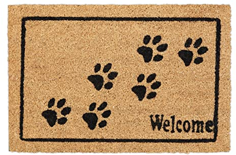 Relaxdays Fußmatte Welcome mit Pfoten, Kokos, 60 x 40 cm, Fußabtreter innen & außen, rutschfeste Türmatte, Natur/schwarz