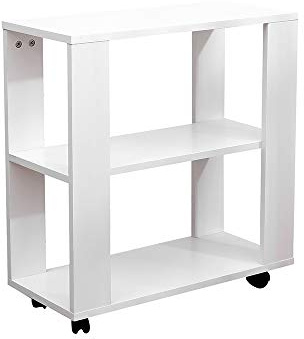 ALPHA Wooden Side Table on Wheels Printer Stand End Table Sofa Table with 2 Tiers Shelf overbed Table Living Room Bedroom Furniture White