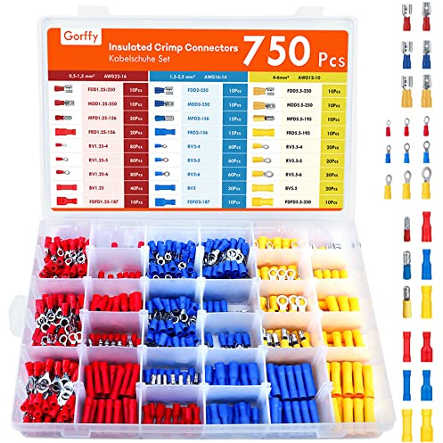 Gorffy 750PCS Wire Connectors Kit, Male and Female Spade Connectors, 27 Types Electrical Connector Kit 0.5-6.0mm², Insulated Terminal Connector, Includes Spade Ring Fork Wire Terminal