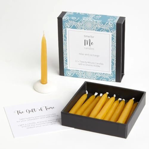 Time for Me - 12 Natural Beeswax by Cotton & Grey - 12 Pure Beeswax Twenty Minute Candles with Ceramic Holder