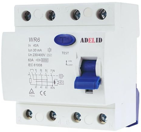 ADELID Fehlerstromschutzschalter FI-Schalter RCD 4-polig 40A 30mA Typ A | 400V 50/60Hz 6kA Kurzschlussfestigkeit | IEC/EN 61008-1 CE | Hutschiene 35mm Montage IP20