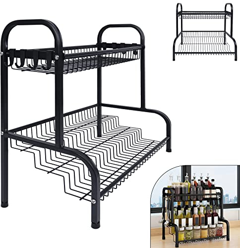 Froadp Portaspezie a 2 ripiani, in metallo, con 8 ganci, da cucina, in piedi, 42,5 x 25,5 x 41 cm, multifunzione, per cucina, armadi, piani di lavoro, bagno