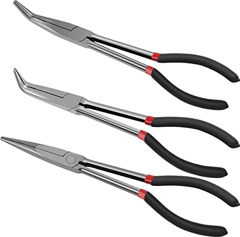 3/5Pcs Long Needle Nose Pliers Set, 11 Inches Carbon Steel Long Reach Pliers Non-slip Straight Pliers 25°/45°/90° Bent Nose Pliers O-Shaped Circle Pliers for Machinist Engineer Narrow Spaces (3 Pcs)