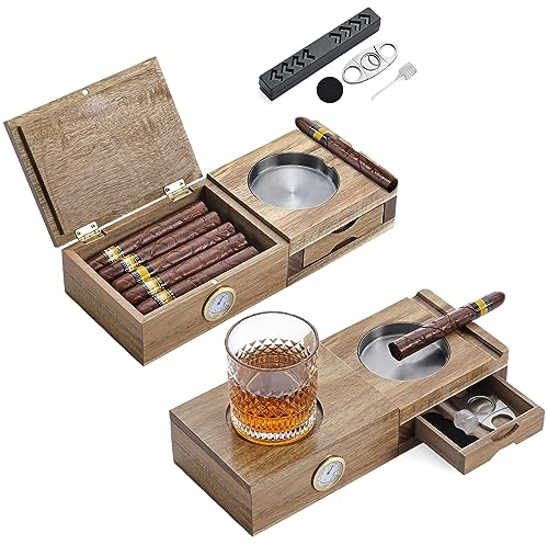 Joyoldelf Zigarren-Humidor aus Massivholz, Zigarren-Set, Aschenbecher, 5-in-1 Zigarren-Humidor-Box mit Weinhalter, Zedernzigarren-Humidor, Metall-Aschenbecher, Zuhause, Zigarrengeschenke für Männer