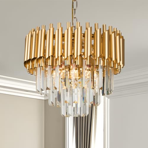 FRIXCHUR Kristall-Kronleuchter Gold 40 cm 3-stufig E14 | Regentropfen-Kristalle und deckenbündiges Design für Esszimmer und Wohnzimmer.
