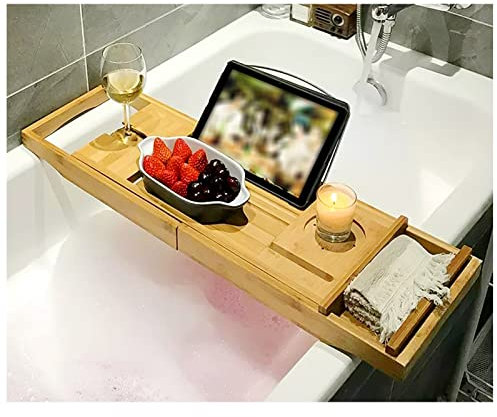Skalierbares 43-Zoll-Badewannen-Caddy-Tablett aus Holz mit Telefon-/Tablet-/Buchhalter aus Edelstahl, Weinglasschlitz, Seifenschlitz, Anti-Rutsch-Streifen, für Luxus-Spa (75)