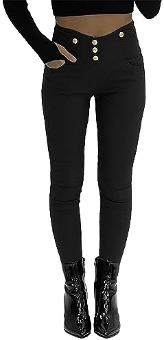 Women's Skinny Leg Jeans Style Gold Buttons Side Panel Detail Trousers Stretchy High Waist Jeggings Slim-Fitting (UK, Alpha, L, XL, Regular, Regular, Black)
