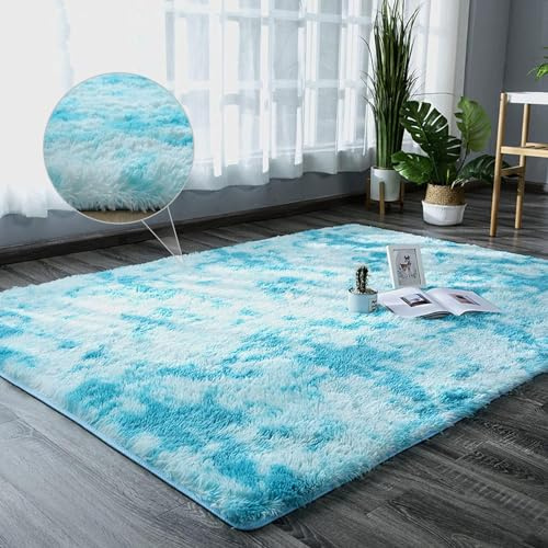 NINGBAI Tappeto Peloso Morbido 100 x 140 cm Tappeto Salotto Pelo Corto, Tappeto in pelle D'agnello Ampia gamma di colori, Disegni e misure per Soggiorno Home Room Décor, Blu Cielo