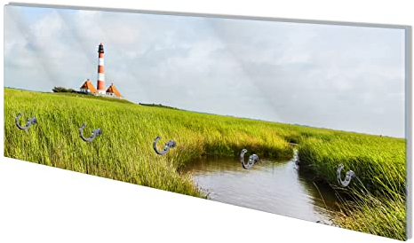 Wallario Wandgarderobe aus Glas in Größe 80 x 30 cm mit Memoboard-Funktion, Motiv: Kleiner Bach durch Schilf auf dem Weg zum Leuchtturm | 5 Kleiderhaken zum Aufhängen von Jacken