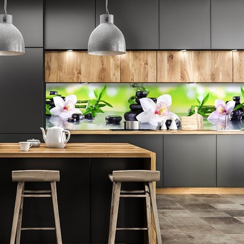 wandmotiv24 Küchenrückwand Orchidee Bambus Steine Glas 210 x 50cm (B x H) - Selbstklebende PET-Folie Nischenrückwand, Spritzschutz, Fliesenspiegel-Ersatz, Deko Küche M1087