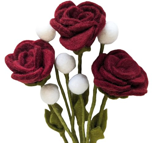 Your Castle Bouquet di fiori in feltro con 3 rose rosse & 5 fiori bianchi in feltro, commercio equo e solidale, decorazione in feltro sostenibile, fiori artificiali realistici, fiori in tessuto, set