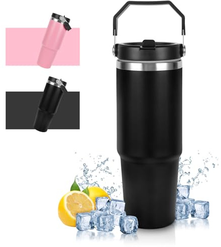 flintronic Mug Isotherme avec Couvercle et Paille, 900 ML Double Paroi Tasse à Café, Étanche Tasse à Eau en Acier Inoxydable, Isolée Sous Vide, Sans BPA, pour Voiture, Travail, Sport - Noir