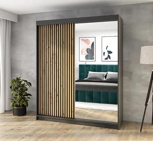A&J MöbelLand Schwebetürenschrank MIT Kleiderschrank 120 cm mit Spiegel & Holzlamellen (Schwarz)
