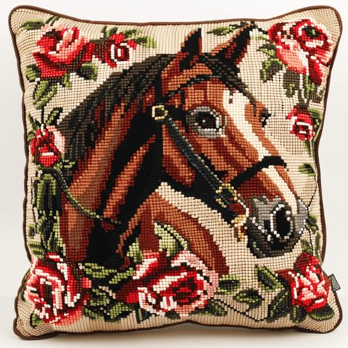 RKFLGEW Knüpfkissen-Set Mit Pferde- Und Tiermotiv，Knüpfkissen-Set，Knüpfkissen Mit Roter Rose，Diy-Kissenbezug Zum Basteln，Bedruckte Leinwand Für Anfänger，Sticken，Basteln Von Kissen 43x43cm