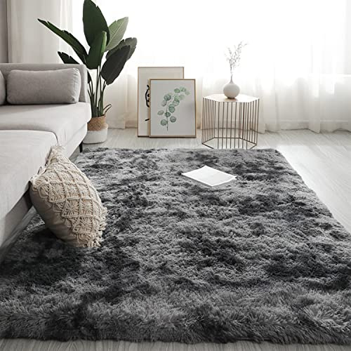 Swsen Tapis de salon, super doux, shaggy, moelleux, dessous antidérapant, moderne, lavable, à poils longs, 60 x 120 cm, gris foncé