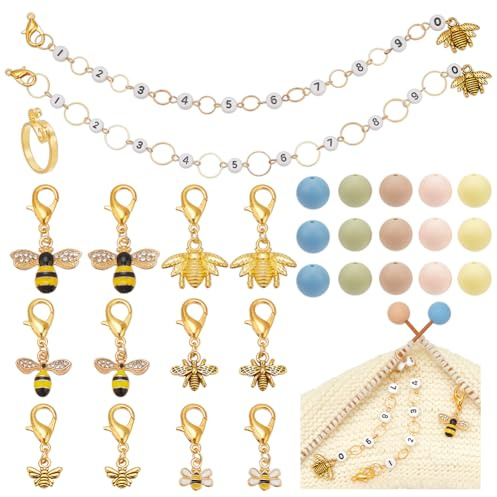 NBEADS 35 St. Stricken Zubehör Kit, Einschließlich 12Pcs Biene Masche Marker 2 St. Stricken Reihe Zähler Ketten 20 St. Stricknadel Stopper 1 St. Yarn Guide Finger Ring für DIY Stricken