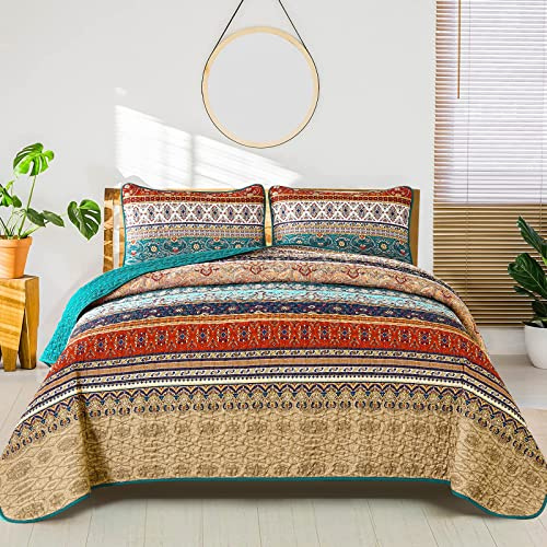 WONGS BEDDING Tagesdecke 200x220 Bettüberwurf Boho Decke Steppdecke 3 Teilig Doppelbett Gesteppt Bettdecke Mikrofaser Wohndecke mit 2 Kissenbezug 50x75 für Schlafzimmer als Sofaüberwurf (Braun)
